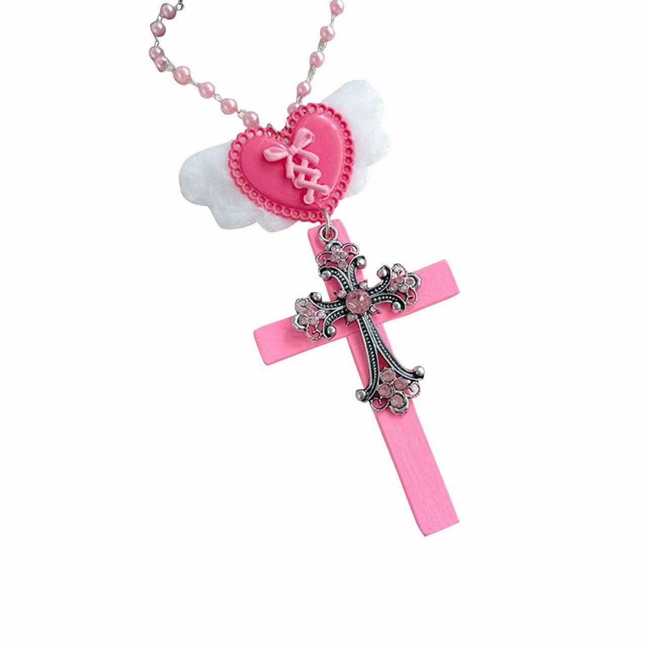 Hot Girl Barbie Pink Love Cross Necklace Gothic Culture Sweet and…