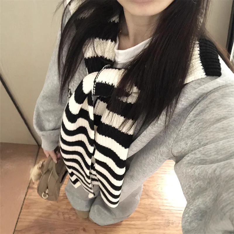 【三件套】黑色带披肩长袖宽松卫衣女叠穿披肩秋冬新款休闲长|undefined