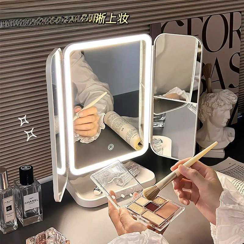 Светодиодное настольное зеркало для макияжа, корпус «два в одном», трехсторонний ящик для хранения, складное зеркало для макияжа, регулируемое зеркало с двойным отверстием