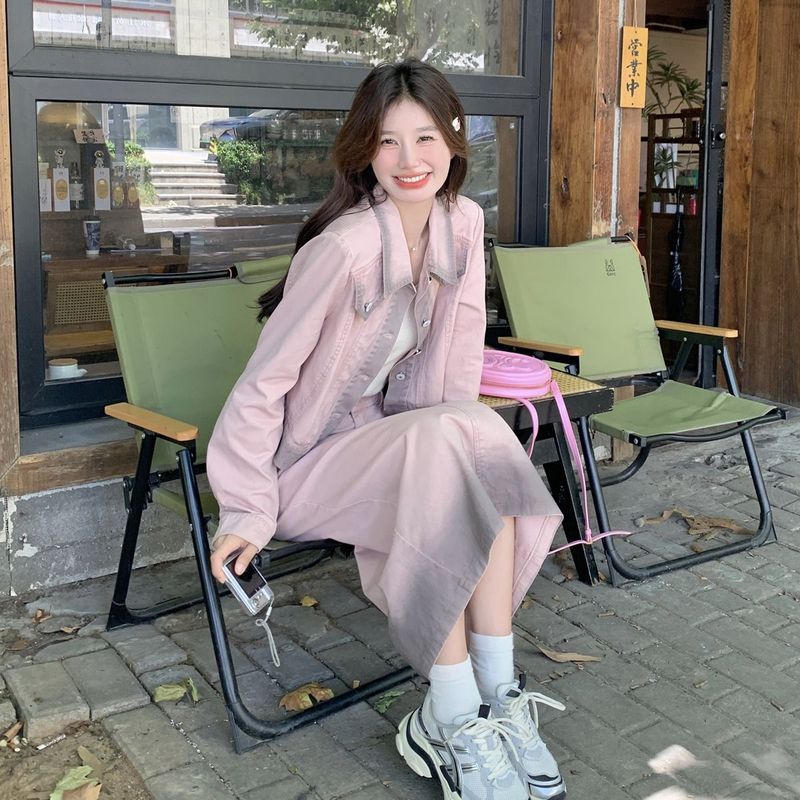 粉色渐变色牛仔上衣套装女春秋2025新款韩系甜美减龄半身裙两件套|undefined