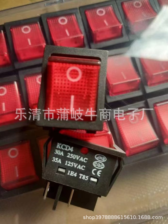 厂家生产30A逆变电焊机大电流翘板电源船型开关 红色四脚带灯 .
