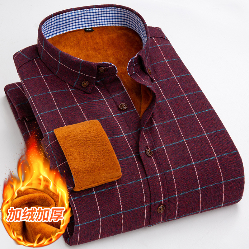 2023热销男士格子保暖衬衫冬季加绒加厚帅气男衬衣加肥加大男衬衫