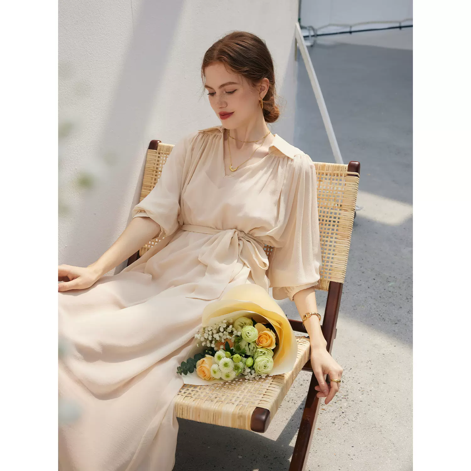 真丝连衣裙女2025春夏新款翻领两件套显瘦微透乔其100%桑蚕丝长裙