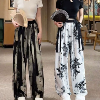 水墨竹子国风雪纺阔腿裤女夏季冰丝印花休闲飘带设计感直筒拖地裤