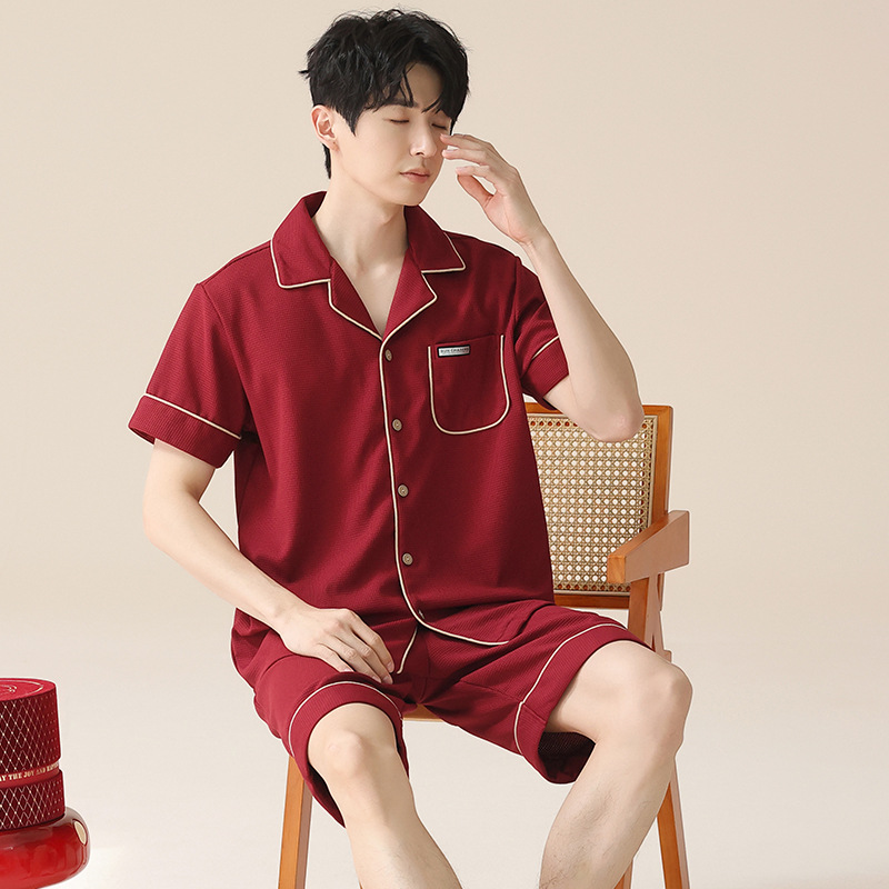 여성을위한 새로운 커플 순수 코튼 라펠 카디건 잠옷 여름 반팔 반바지 잠옷 민소매 빨간색 축제 홈웨어