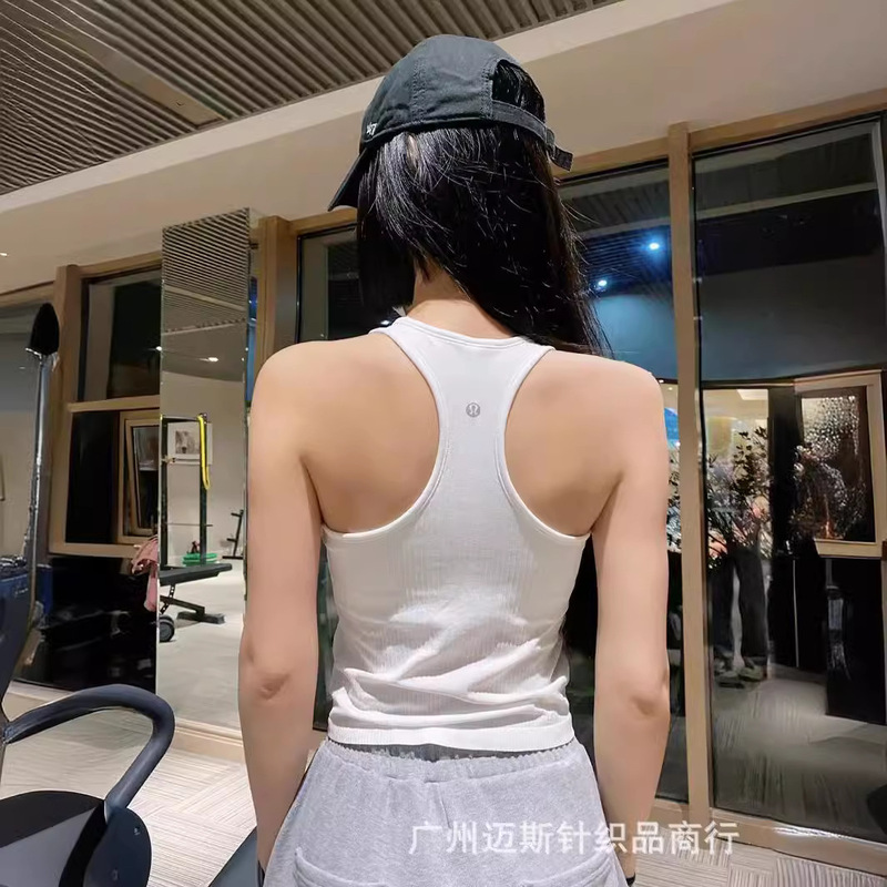 Spring and Summer Lu Brand Ebb Sports Yoga Lulu Small Strap Ribbed Top with Chest Pads Sleeveless Vest Short Style for Women