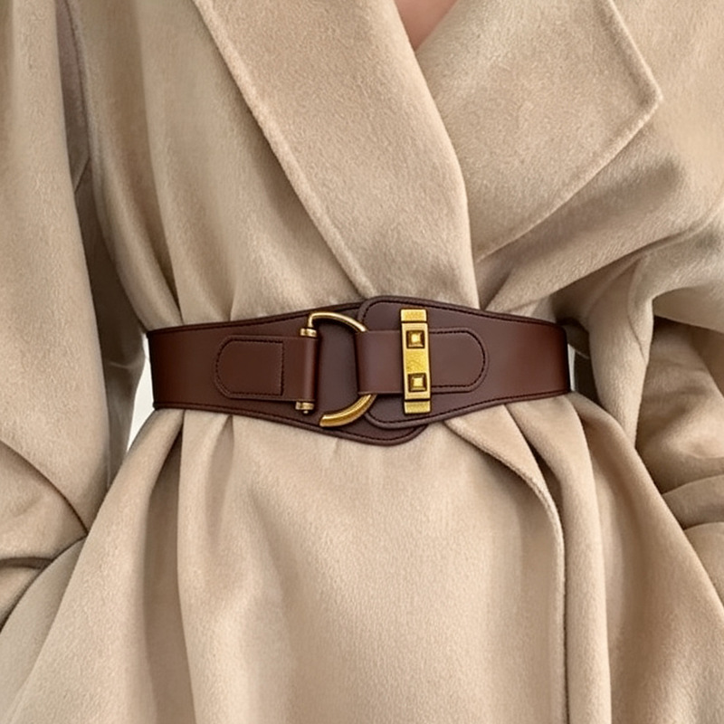 European and American Style Women's Wide Belt Decorative Leather Belt for Coats and Dresses, Waist-Cinching, Fashionable, Versatile, Simple, High-End Waist Belt