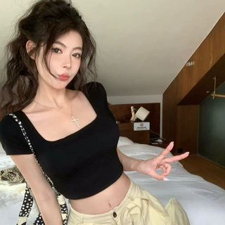 夏款纯欲性感露背短袖t恤女露脐短款甜辣jazz紧身上衣外贸爆款