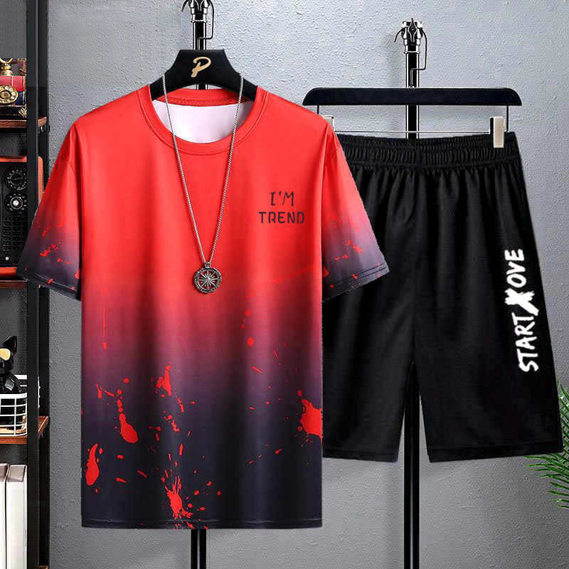 Summer New Men's Casual Suit Fashionable Printed Short-sleeved T-shirt Large Size Shorts Sports Outdoor Two-piece Set