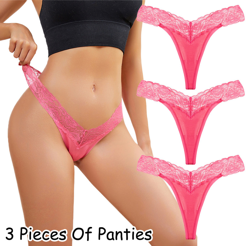 3 Pack Foreign Trade Women's Thong T-Back Low Waist Perspective Underwear Cotton Seamless Lace Thong Women