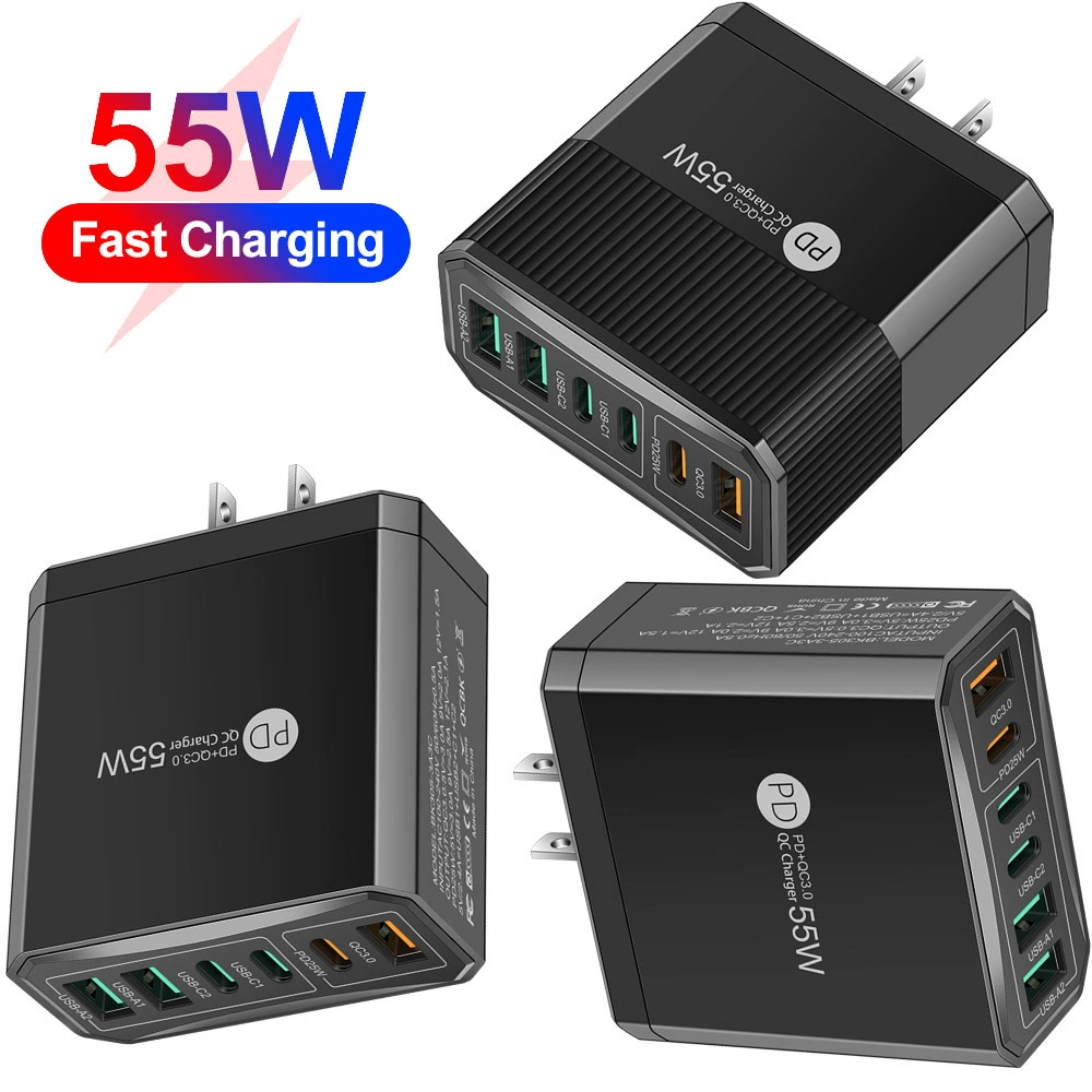 Шестипортовое зарядное устройство для мобильного телефона PD55W QC3.0 тип U, быстрая зарядка, европейские/американские стандарты, серия III
