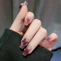 紫魅蝴蝶山茶花腮紅穿戴甲 芭蕾假指甲 成品美甲貼片指甲貼片Nail
