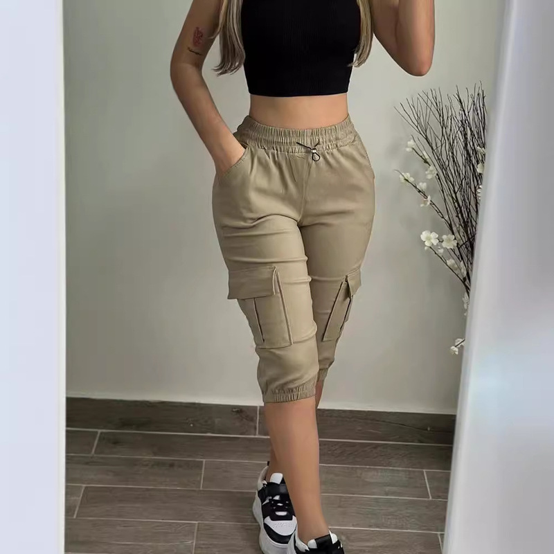 2024 European and American Cross-border Women's Tropical Slim-fit Solid Color Casual Patch Bag Lace-up Loose Pants