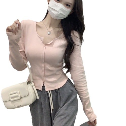 Korean 2024 Early Spring New Korean Pure Desire High-Low Design Women's Long-Sleeve T-Shirt American Style Top