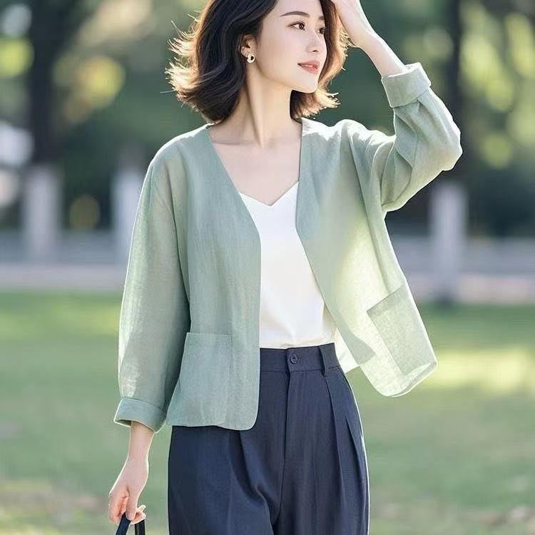 Lightweight cotton and linen solid color unique summer shawl sun protection cardigan jacket loose 2026 new style three-quarter sleeve top