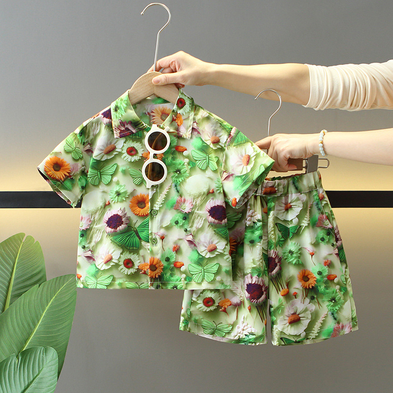 7874 traje de manga corta de verano para niños 2025 nueva camisa para niños de dos piezas ropa de vacaciones de verano para bebés de moda
