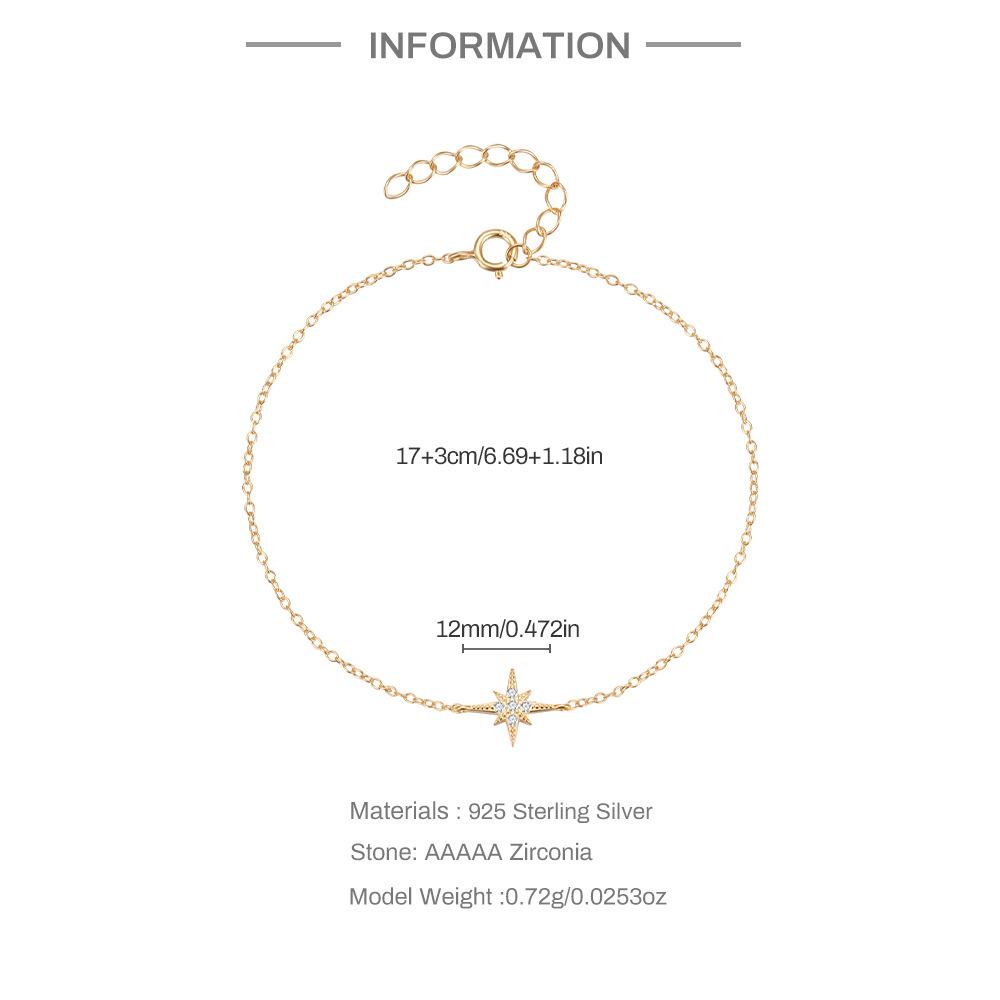 3g Weight 1 Piece 925 Sterling Silver Octagonal Star Zircon 925 Sterling Silver Cable Chain Bracelets