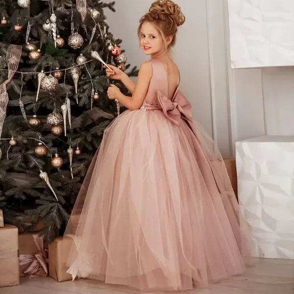 Flower Girl Satin Princess Dress 2026 New Style Tulle Wedding Children's Ball Gown with Bow, Fashionable and Elegant