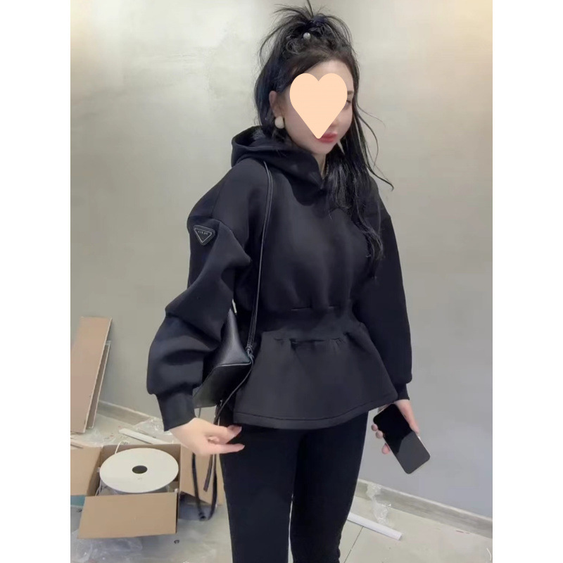 衛衣女2025秋冬新款黑色百搭休閒長袖連帽鬆緊束腰衛衣外套