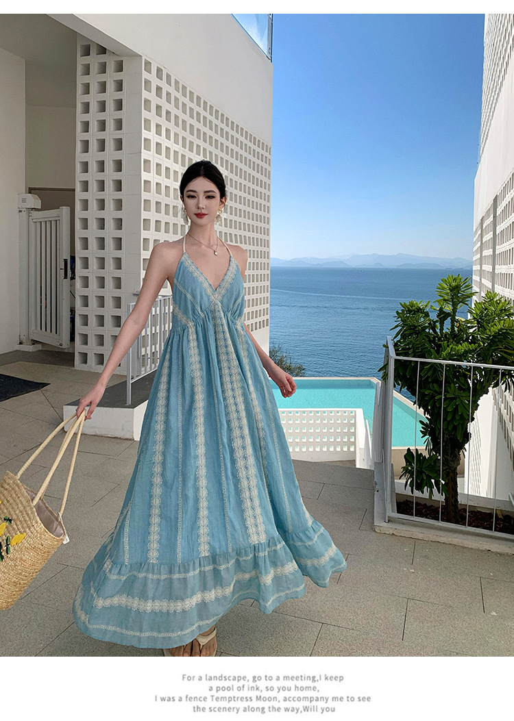 Light Blue Resort-style Backless Halter Neck Dress, Bohemian Heavy Embroidery Long Dress For Women_ecoleips.com