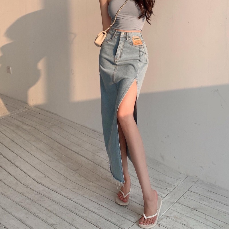 A- Line Skirt Women's Summer 2024 Slimming Split Mid-Length Skirt High Waist Denim Hip Skirt Spice Girl's Hair
