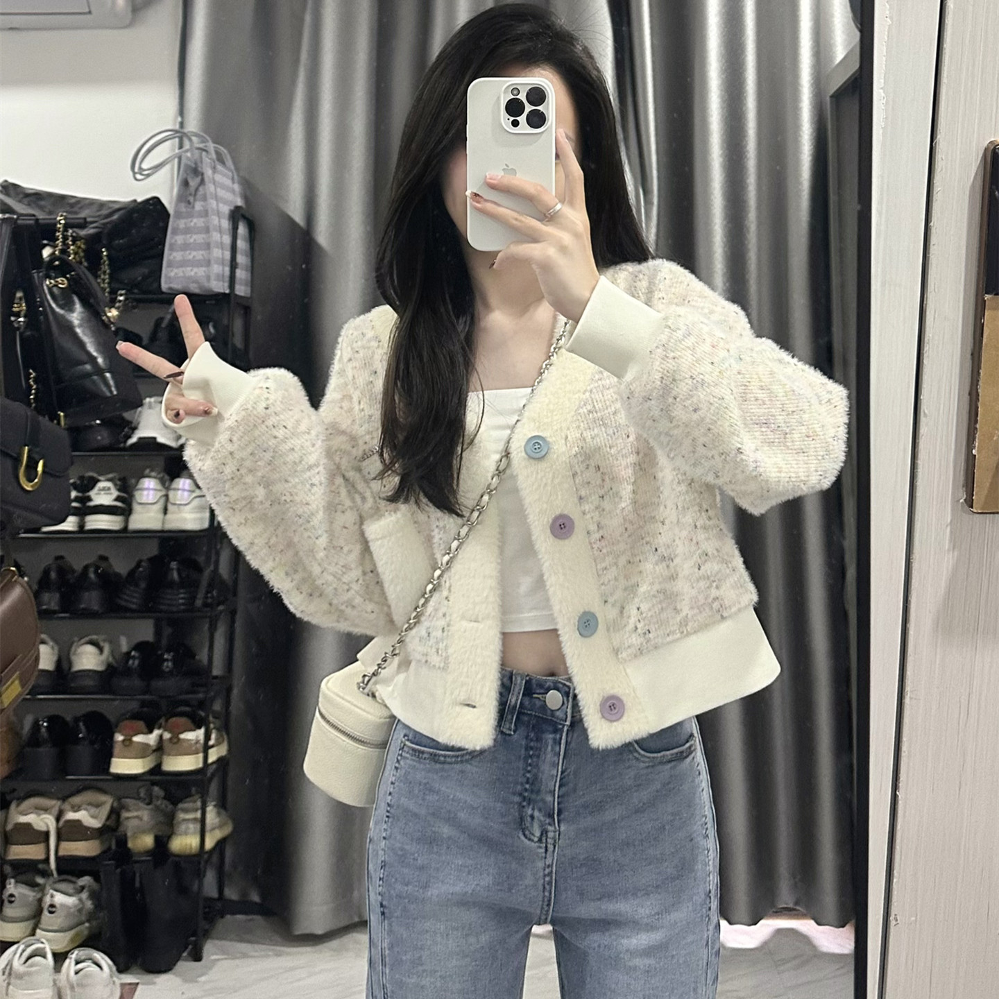 이른 가을 2023 달콤한 컬러 소프트 왁스 밍크 스웨터 카디건 라이트 블루 스트레이트 튜브 스플릿 청바지 착용 2 피스 세트