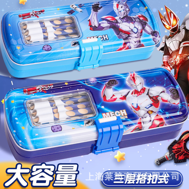 Estudiantes de primaria masculinos de tres capas caja de papelería de hierro caja de lápiz de estaño creativa caja de dibujos animados robot multiplicación caja de lápiz