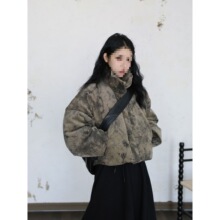 设计感扎染加厚灯芯绒立领羽绒服外套女短款冬季显瘦白鸭绒小众潮