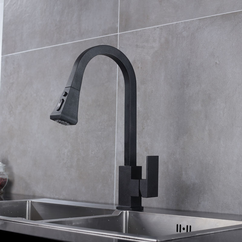 Polished Copper Matte Black Kitchen Sink Pull-Out Faucet Household Sink Dishwashing Sink Swivel Hot and Cold Faucet