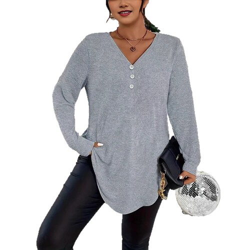 European and American autumn and winter elegant large size women's solid color button long-sleeved shirt