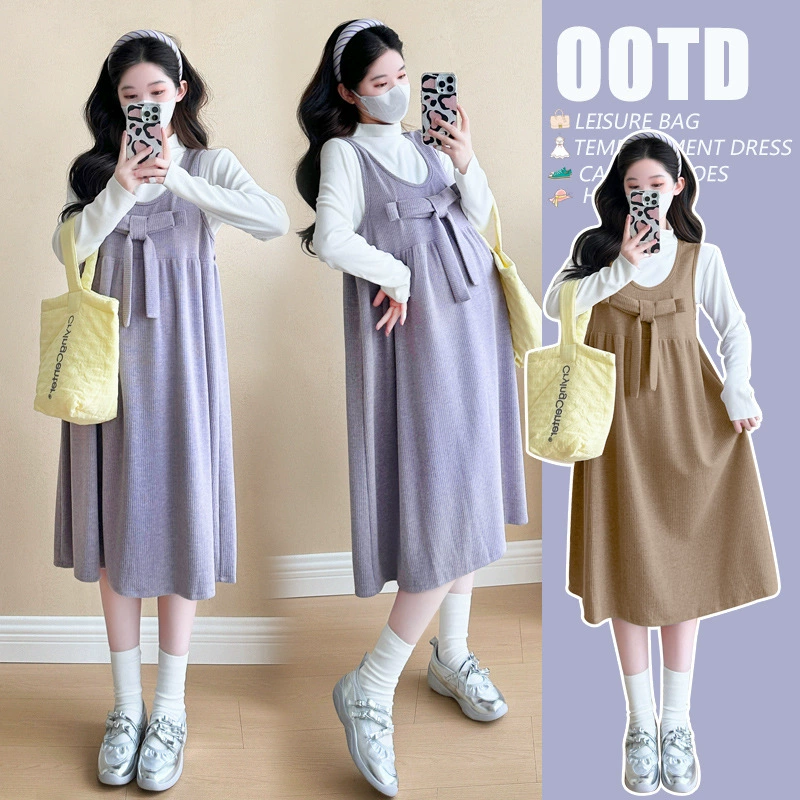 Материнская осень-зима костюм из двух частей Сладкий нежный темпераментный ремешок платье топ толстый вязаный свитер