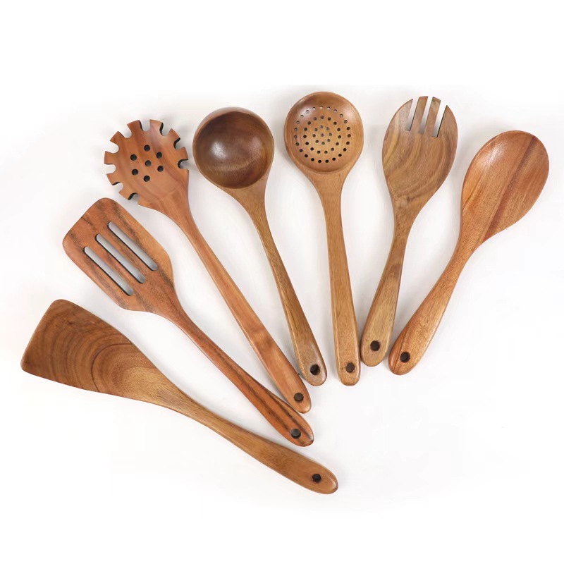 Juego de cocina de teca, cuchara de pala de madera maciza, tenedor, sartén antiadherente, utensilios de cocina de madera de acacia, espátula de mango largo, juego de cocina de 9 piezas