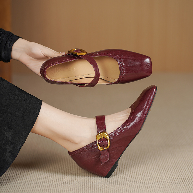 Giày Mary Jane nữ quai ngang da cừu gót thô 5 cm phong cách Pháp cổ điển — đen