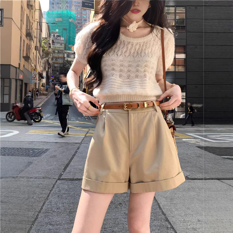 Lyocell Cotton Twill Work Shorts for Women, Spring Season, 3D Pleated High-Waisted Loose-Fit Casual Pants for Women