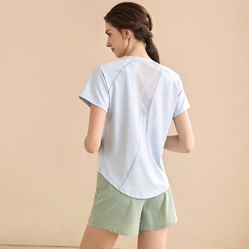 Camisetas esportivas de malha solta de secagem rápida, roupas femininas de ioga, camisetas de manga curta, aparência de emagrecimento, corrida, fitness, verão