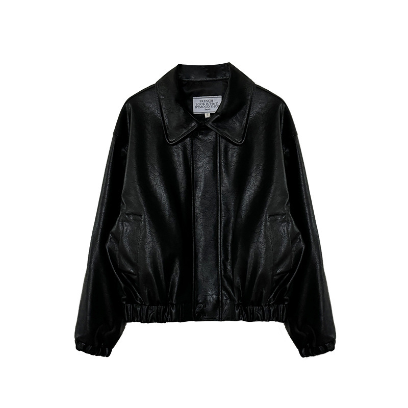 韓国風レトロラペルショートレザージャケット 2026春秋 小柄な方向けゆったりカジュアルジャケット レディース