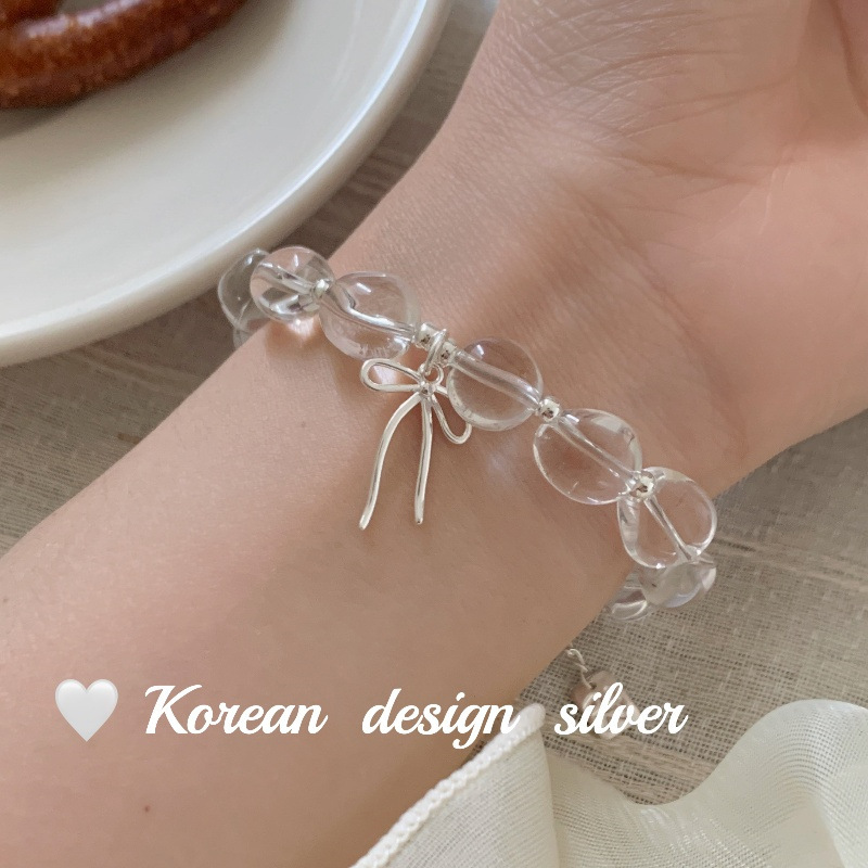 韓版ins風設計銀飾品 S925純銀透明水晶絲帶蝴蝶結手鍊疊戴高級感