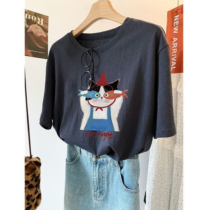 Korean-Style Niche Breathable Lightweight Snowflake Cotton 2026 Summer Cartoon Cat Print Short-Sleeve T-Shirt for Women, Slim-Fit Top Korean-Style Niche Breathable Lightweight Snowflake Cotton 2026 Summer Cartoon Cat Print Short-Sleeve T-Shirt for Women, Slim-Fit Top