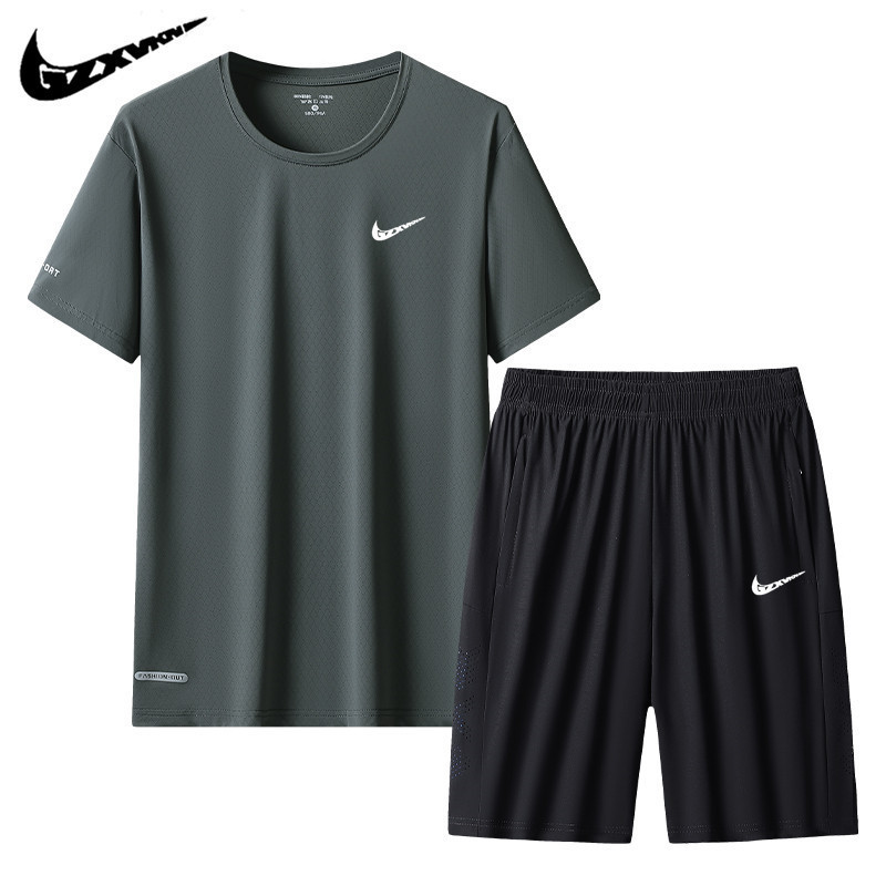 Ice Silk Suit Men's Summer Short-Sleeved T-Shirt Shorts Casual Suit Trendy Fitness Running Sportswear Men's Clothing