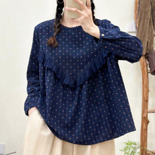 秋季女装新款森女系蕾丝花边拼接圆领套头宽松长袖衬衫女衬衣