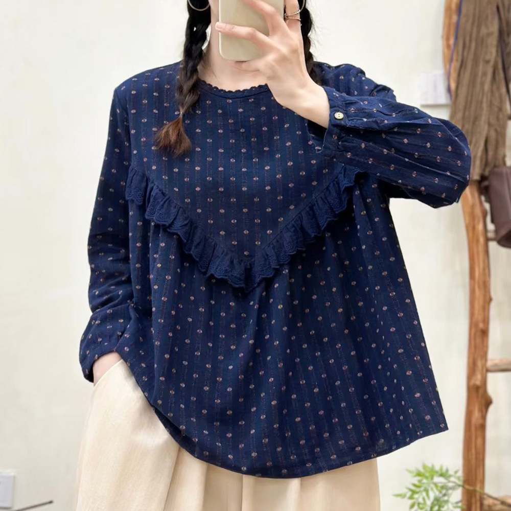 秋季女装新款森女系蕾丝花边拼接圆领套头宽松长袖衬衫女衬衣