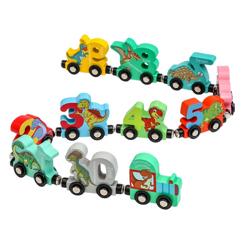 Tren digital magnético de madera niños y niñas de tres años dinosaurio de madera juego de tirar bloques de construcción coche de juguete
