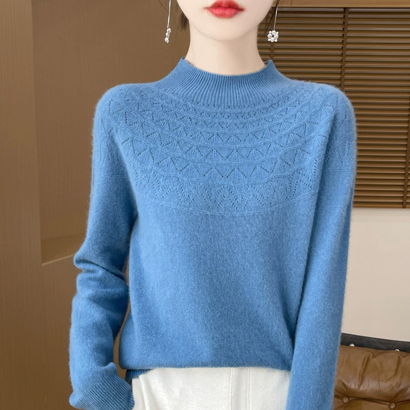 Бесшовный в одном 100 чистый шерстяной полувысокий воротник полые женские нижние рубашки 24 осень и зима новые трикотажные рукава