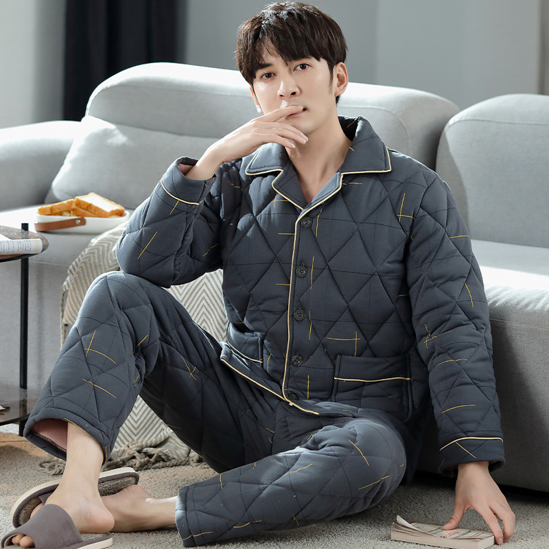 夹棉睡衣男冬季纯棉三层加厚棉袄冬天保暖大码家居服男士2023新款