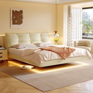 Cream Leather Cloud Suspended Bed Internet Celebrity Puff Bed Modern Simple Master Bedroom Small Apartment Double Bed Soft Package Wedding Bed