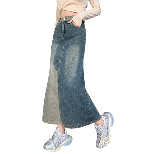 Design-sensitive niche patchwork color denim half skirt for women pear-shaped figure plus size high-waist slimming bum-miniskirt mid-length dress