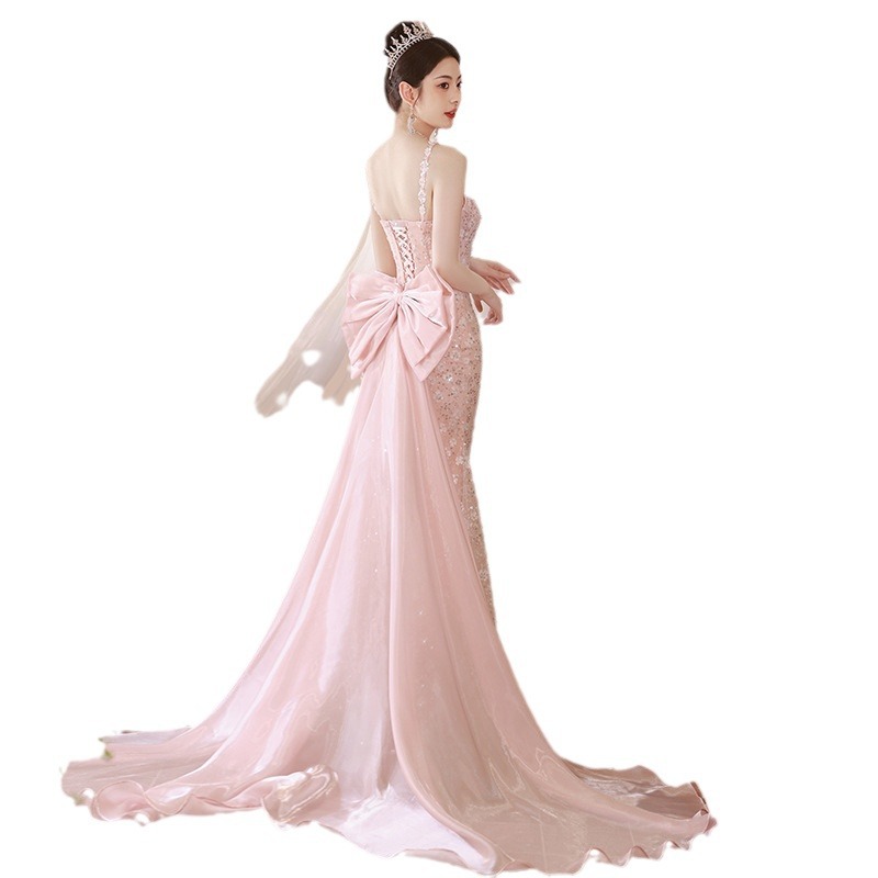 Vestido de noche elegante rosa con cuello halter, estilo sirena, para novia, compromiso, brindis, cumpleaños, verano image 6