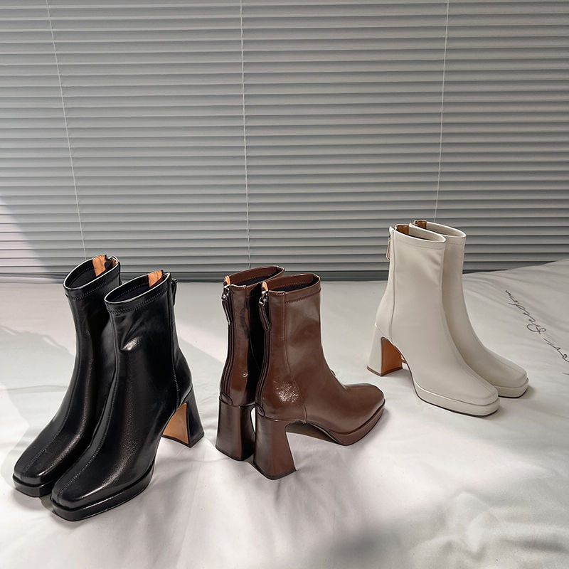 Low boots square toe platform with extremely high heels with zipper