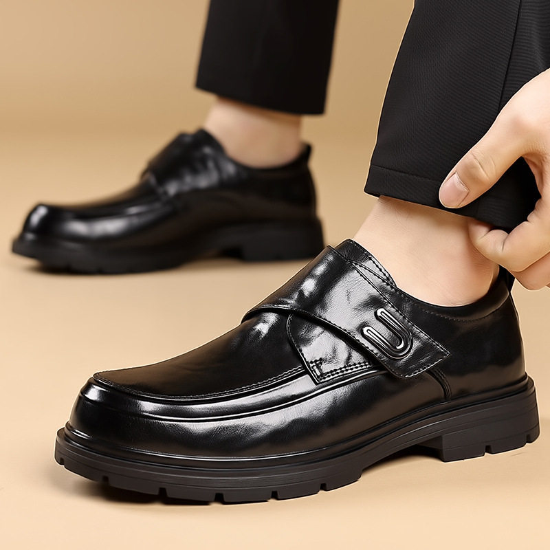 Giày da nam xỏ chân kiểu lười dán Velcro cổ thấp , gót 3–5 cm — bông đen, đơn màu nâu, đơn màu đen