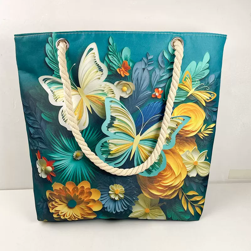 印花大号棉绳帆布包大容量3D立体蝴蝶包上班上学外贸通勤包